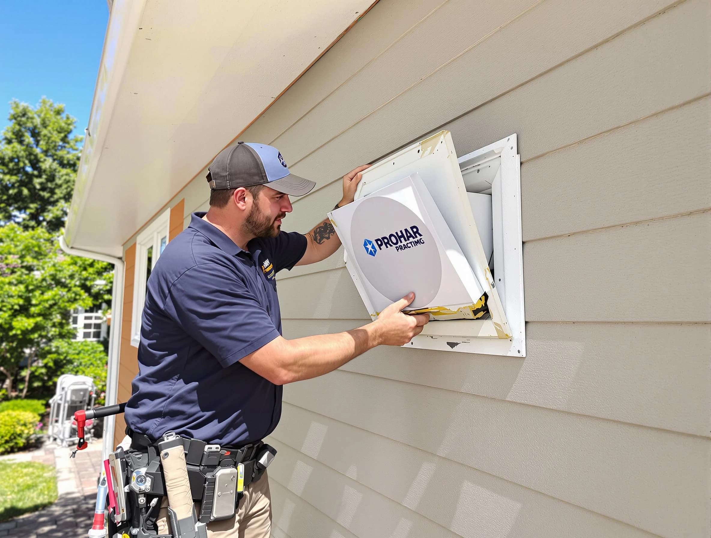 Marshall Dryer Vent Cleaning technician installing a new protective dryer vent cover on a home in Marshall