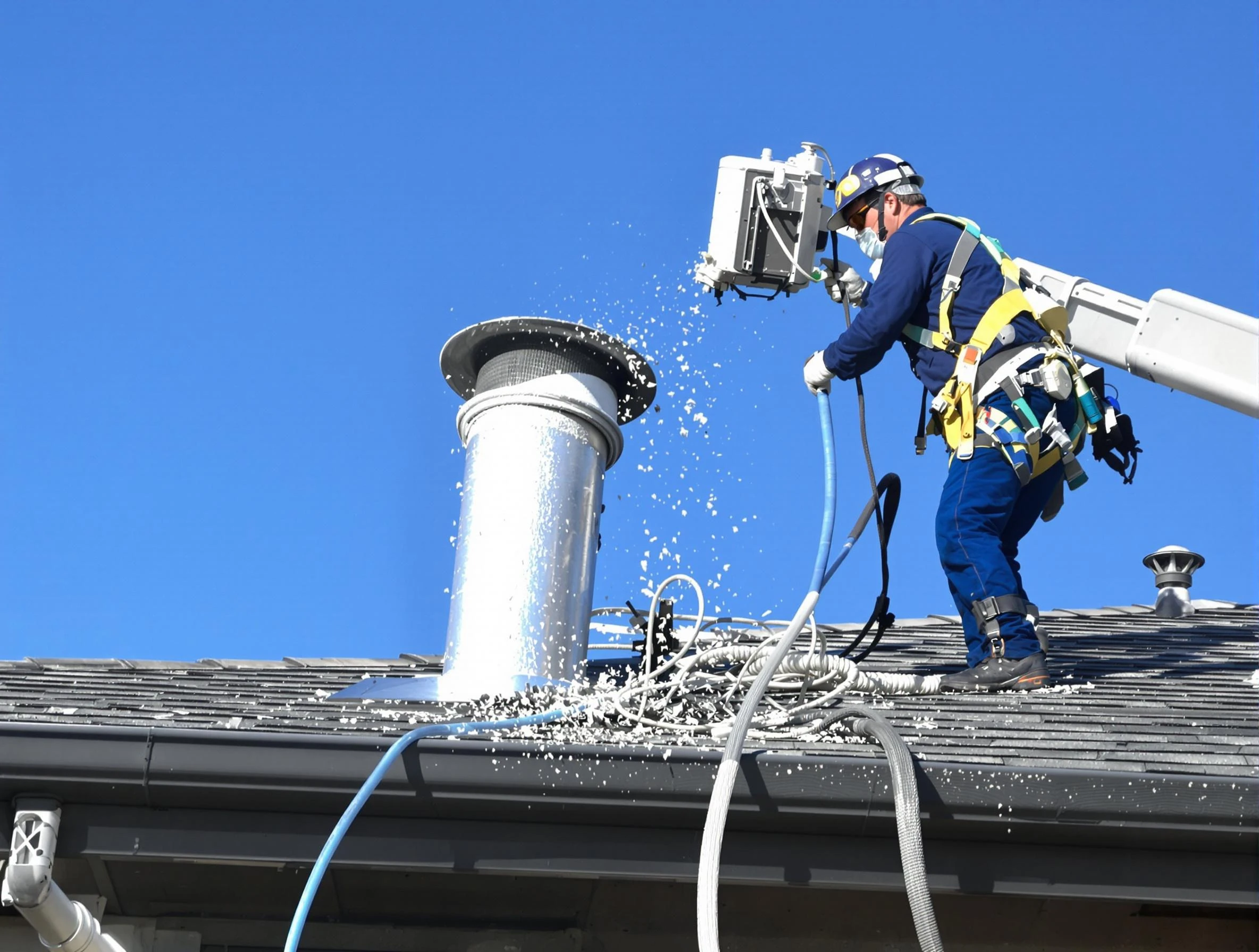 Marshall Dryer Vent Cleaning certified technician safely cleaning a roof-mounted dryer vent in Marshall