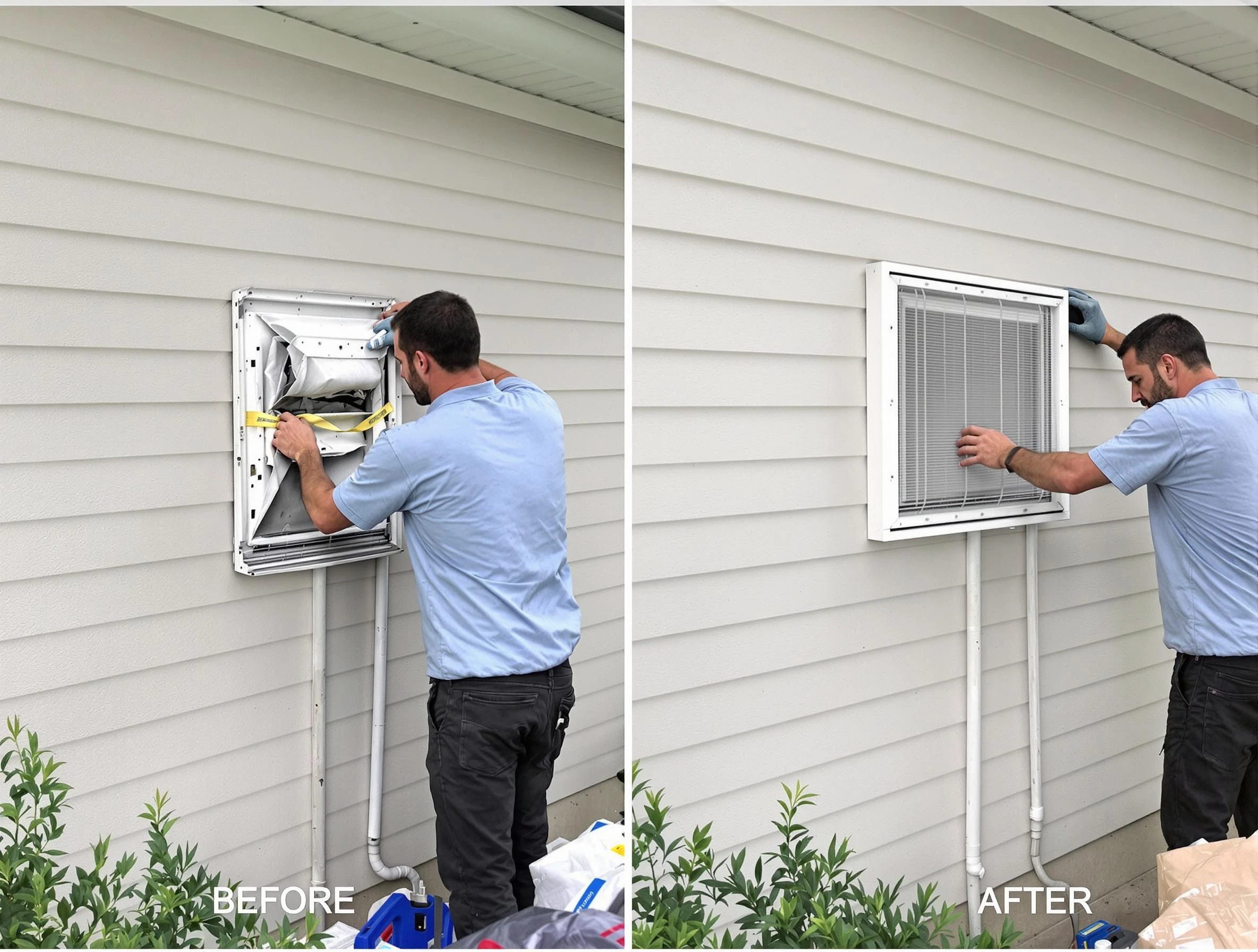 Marshall Dryer Vent Cleaning technician installing high-quality dryer vent cover at a residential property in Marshall